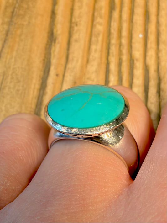Blue Turquoise Circle 925 Sterling Silver Size P1/2 Ring