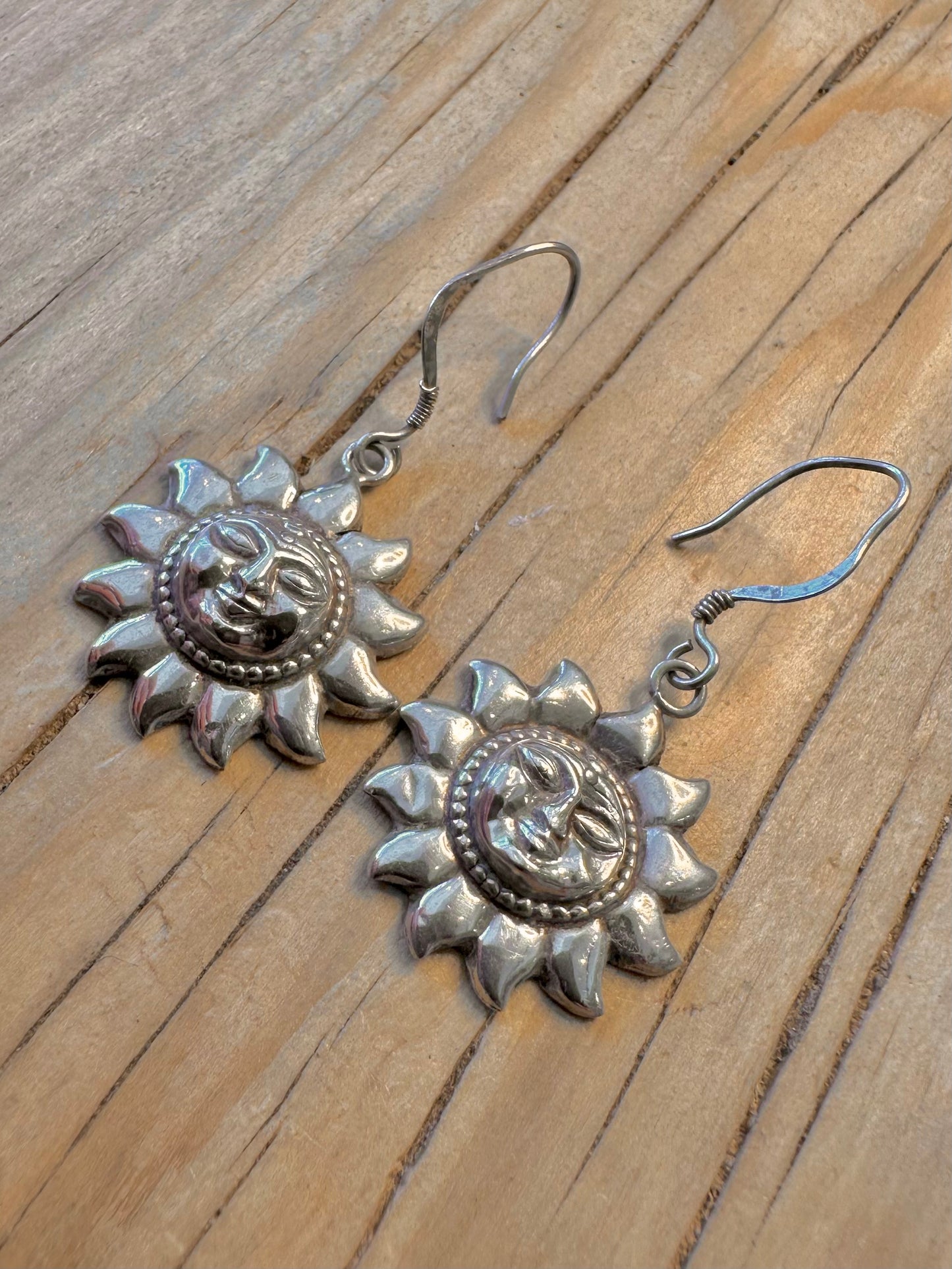 Vintage Sun Face 925 Silver Earrings