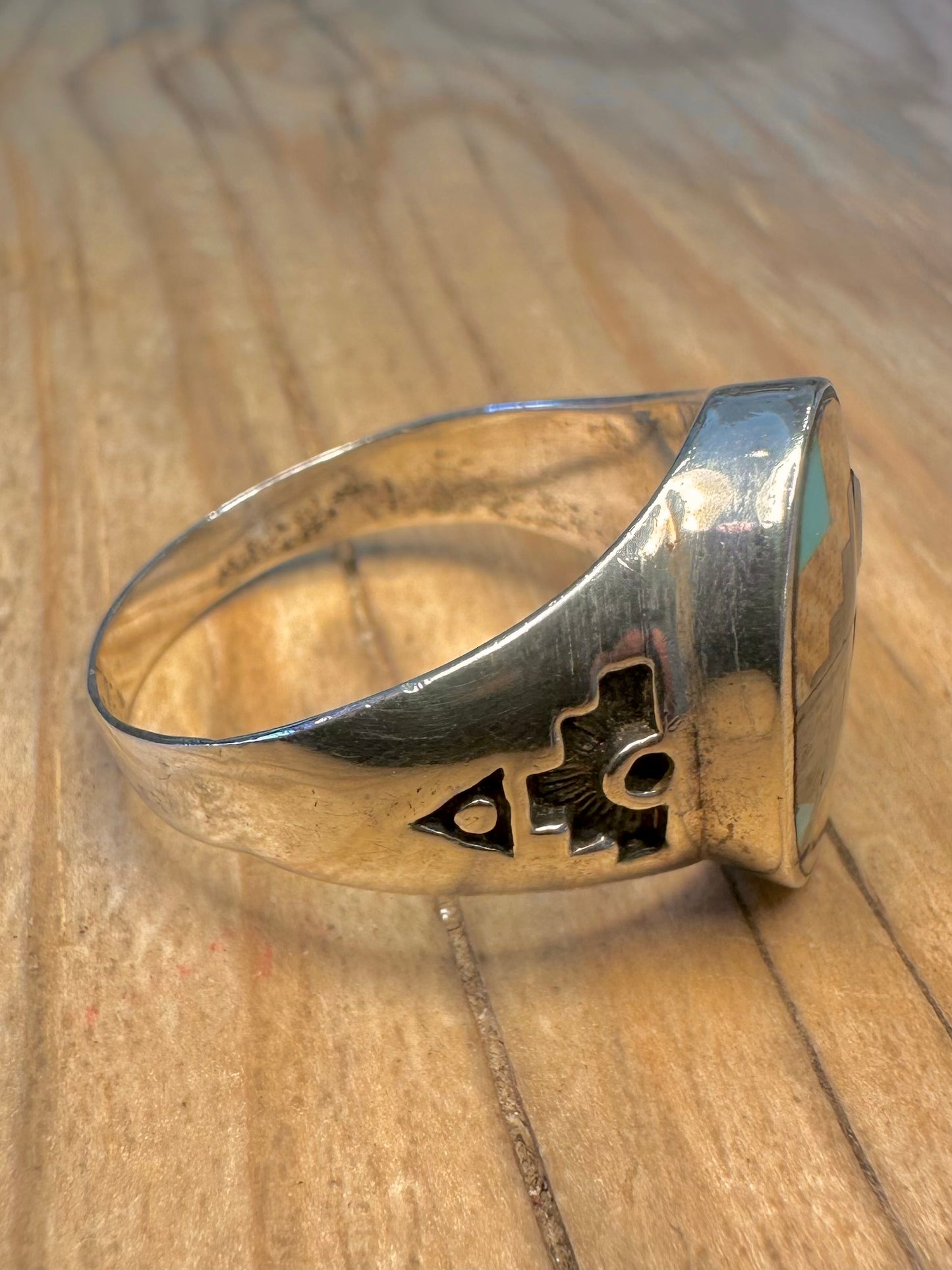 Vintage Native American Mosaic Inlay Signet 925 Sterling Silver Maker SS Size Z+3 1/2 Ring