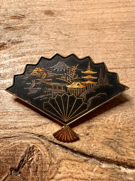 Vintage Japanese Scenic Gold Tone Brooch