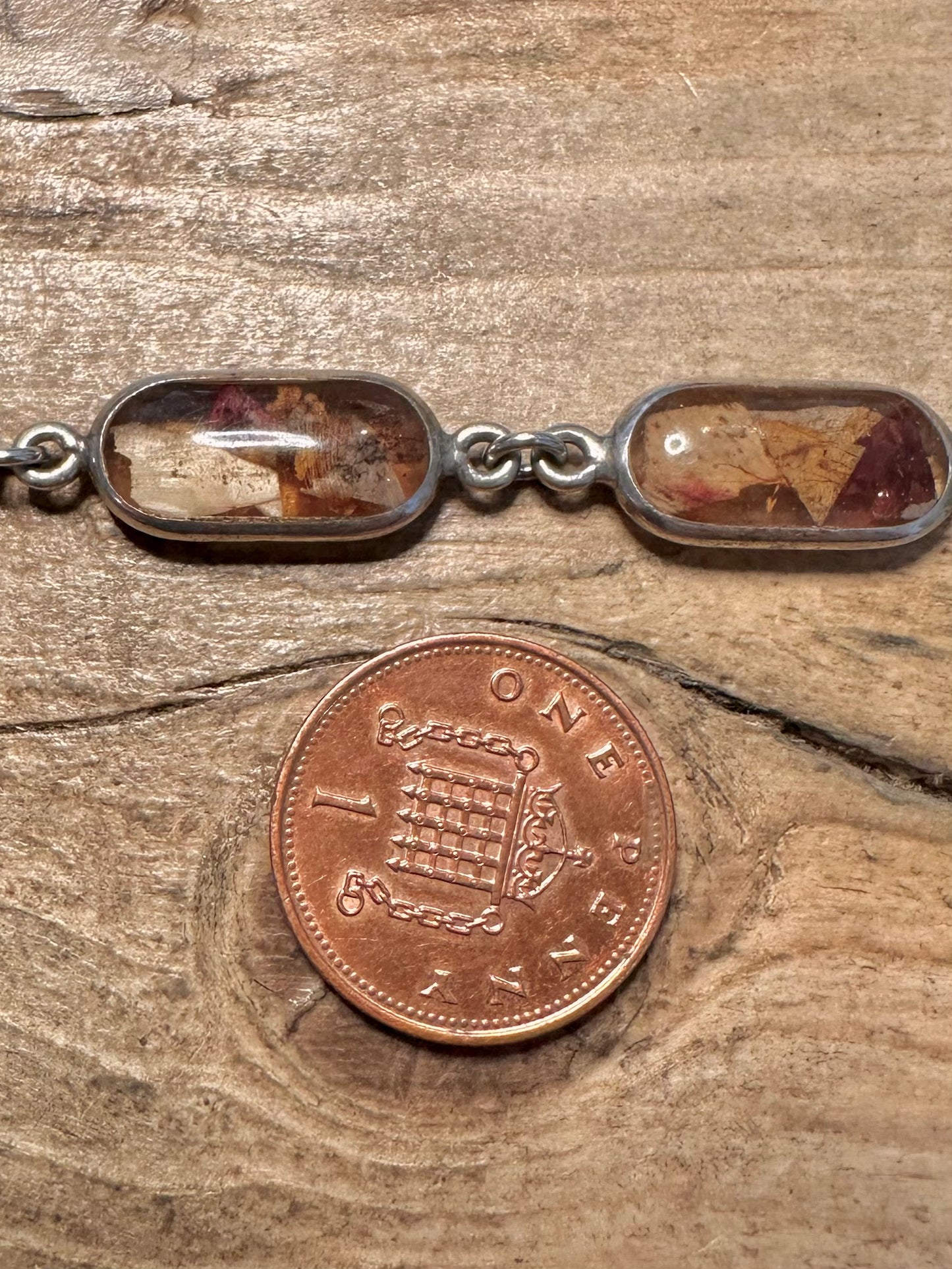 Vintage Dried Flower Oval 925 Silver 7.5 inch Bracelet