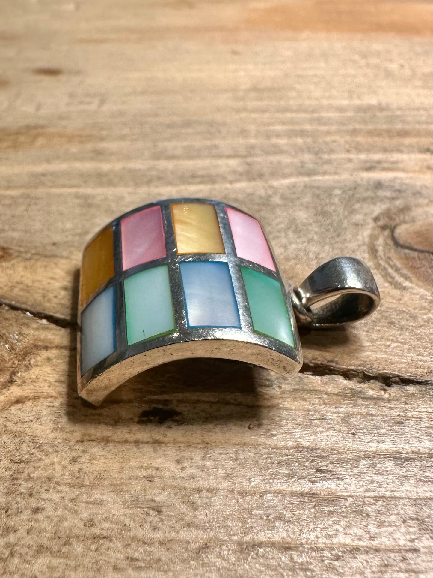 Modernist Multi Coloured Mother of Pearl Curved Square 925 Silver Pendant