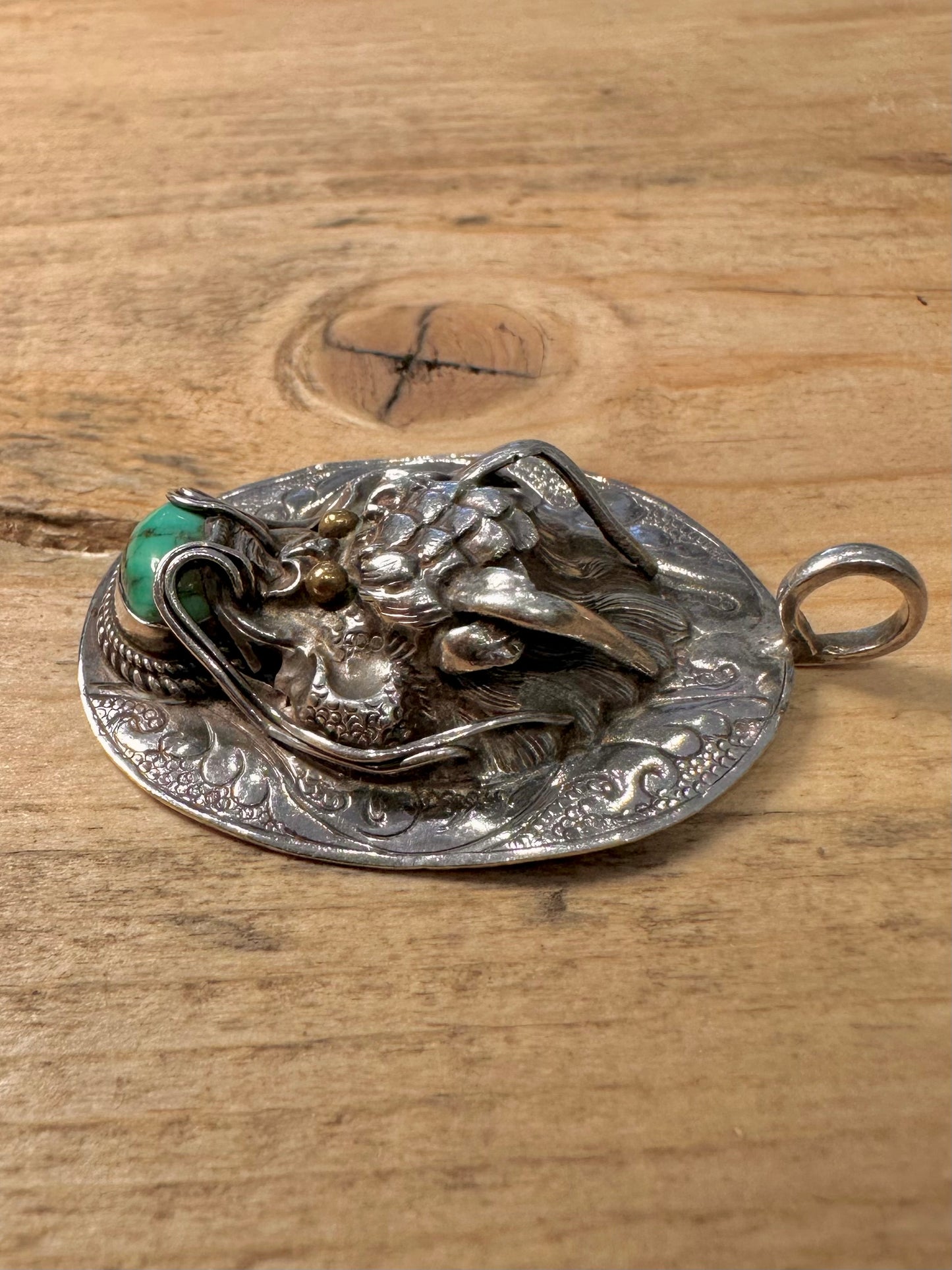 Vintage Dragon Turquoise Gold Eyes 925 Silver Pendant