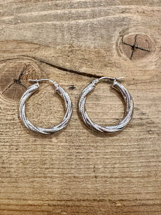 Vintage Thick Rounded Twisted Dot Textured 925 Silver Hoops