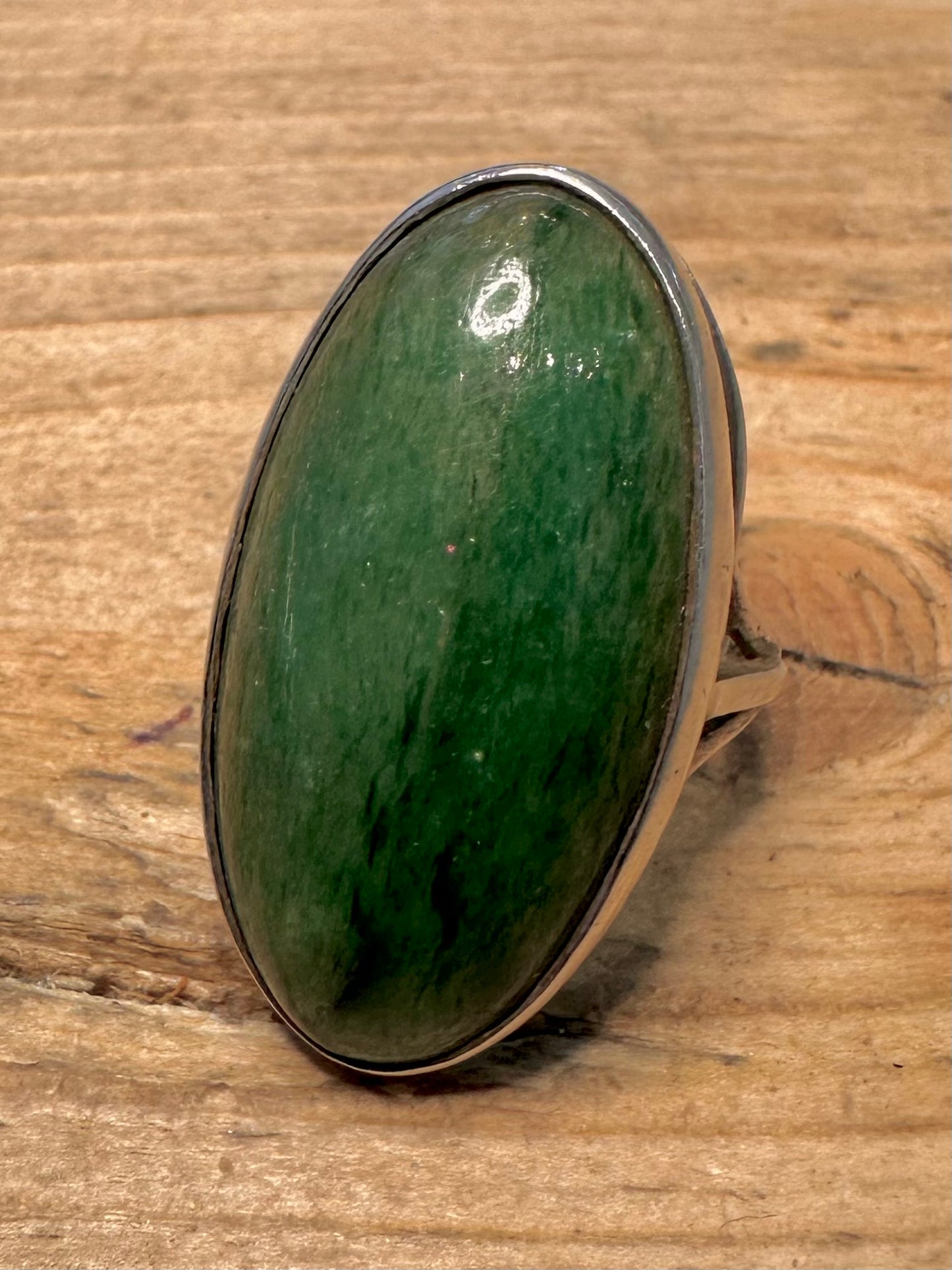 Vintage Elongated Green Stone 925 Silver Size N Ring