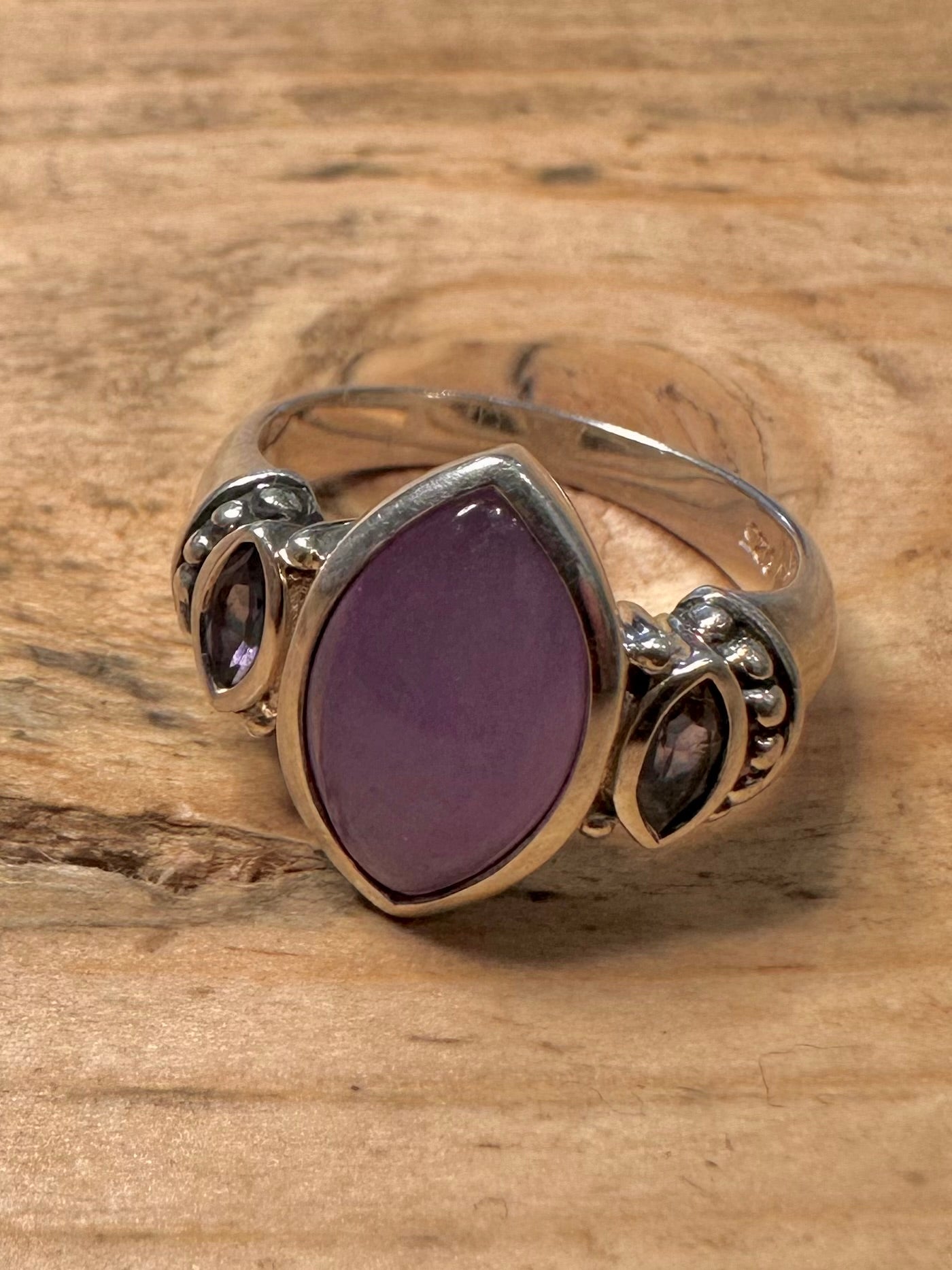 Modernist Lavender Jade and Amethyst 925 Silver Size O1/2 Ring
