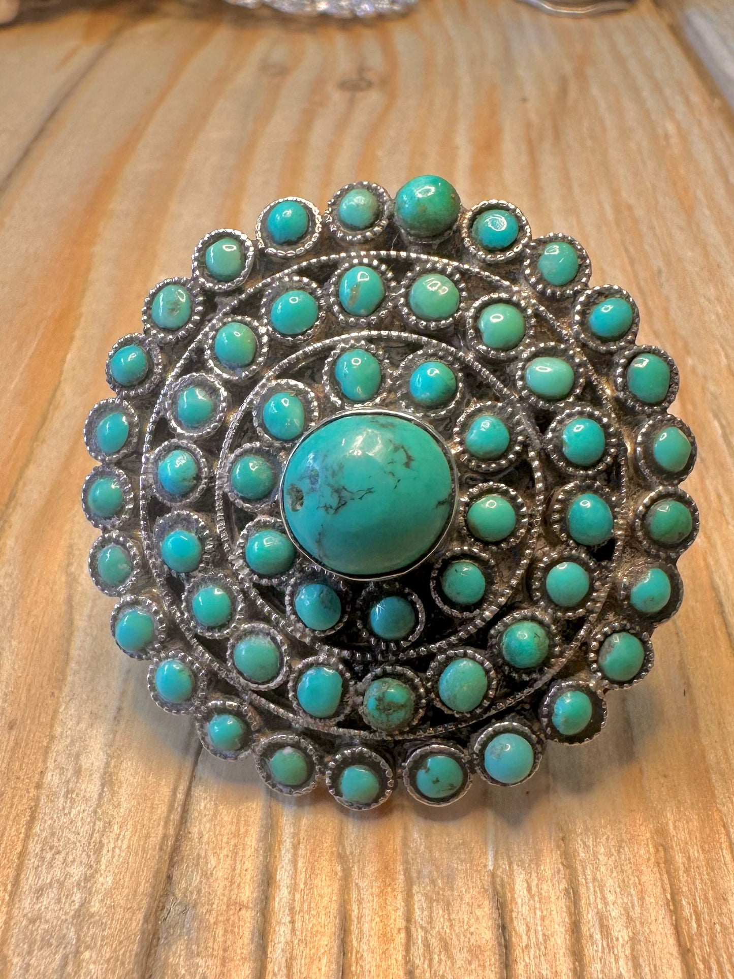 Vintage Turquoise Circle Cluster 925 Sterling Silver Adjustable Size N Ring