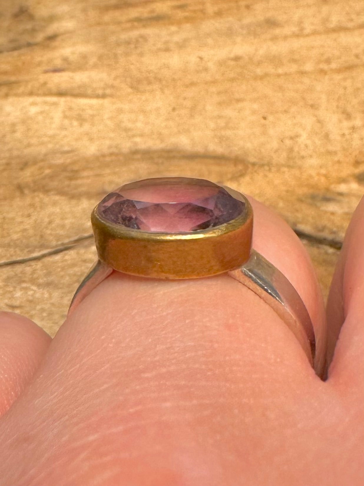Abstract Amethyst Gold and 925 Silver Size P Ring