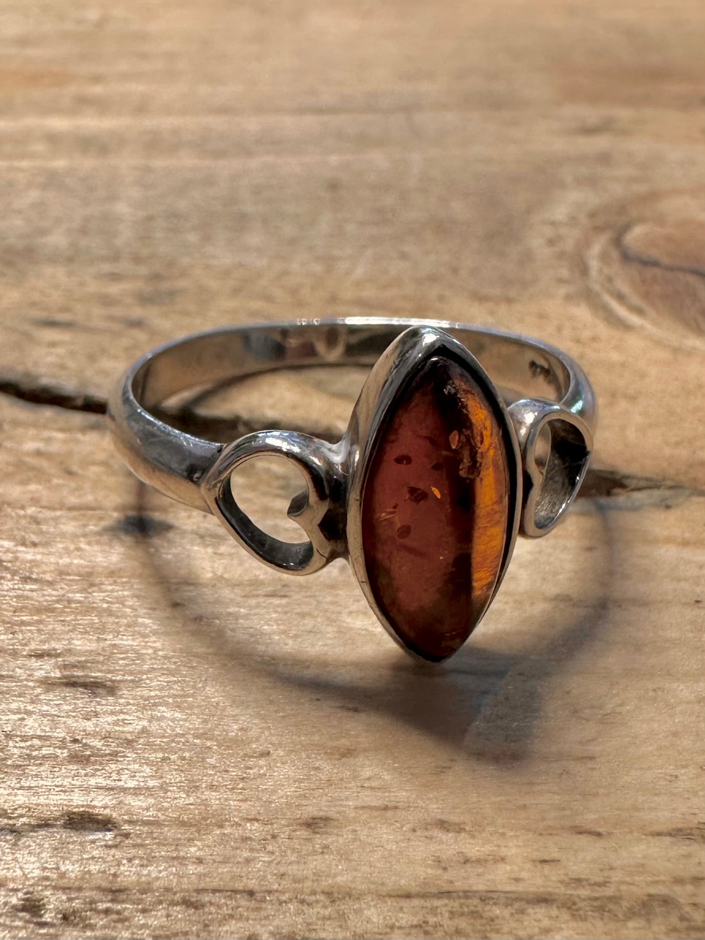 Vintage Amber Heart 925 Silver Size V Ring