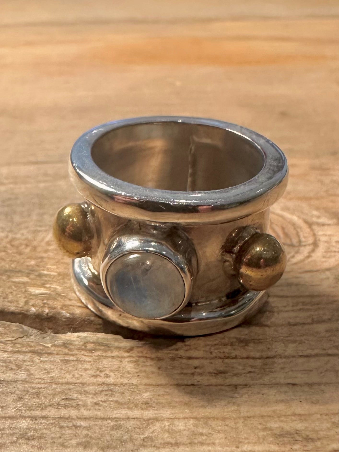 Modernist Chunky Moonstone Band Gold and 925 Silver Size O Ring