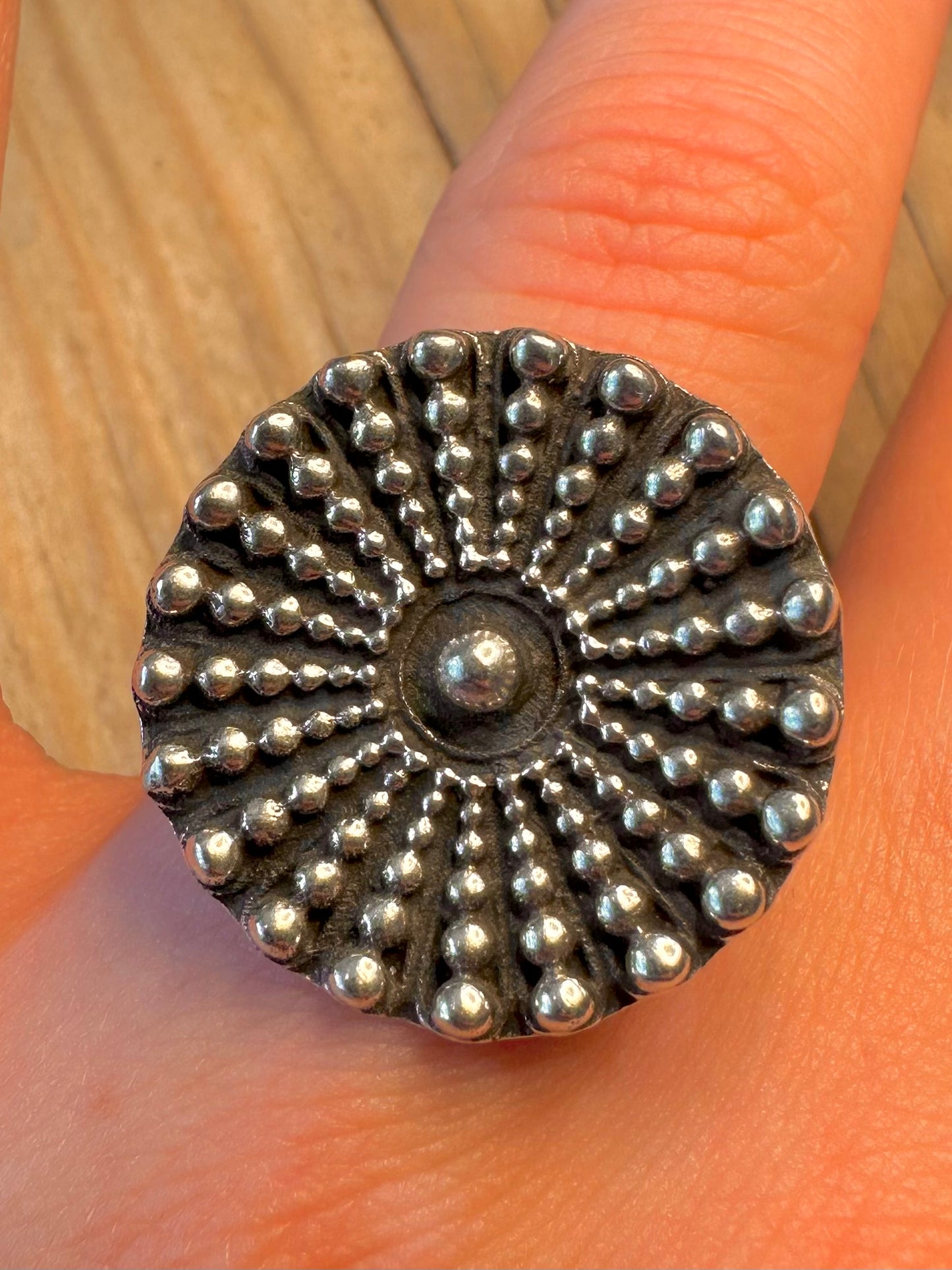 Vintage Disc Tribal Oxides 925 Sterling Silver Adjustable Size S Ring