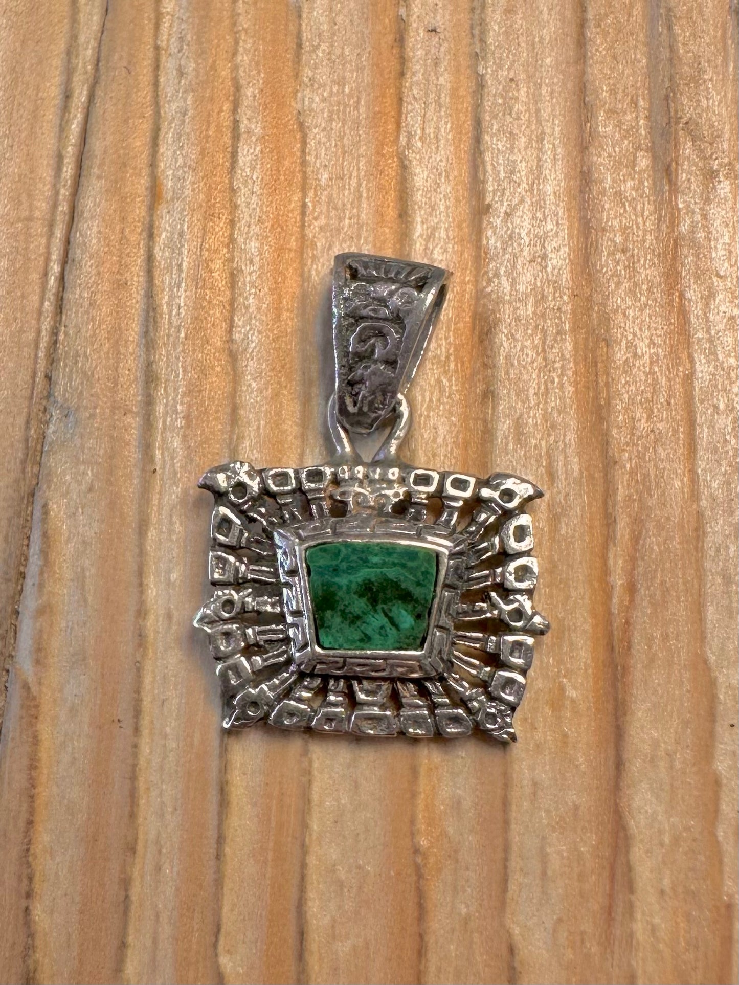 Vintage Aztec Style Turquoise Green 925 Sterling Silver Pendant