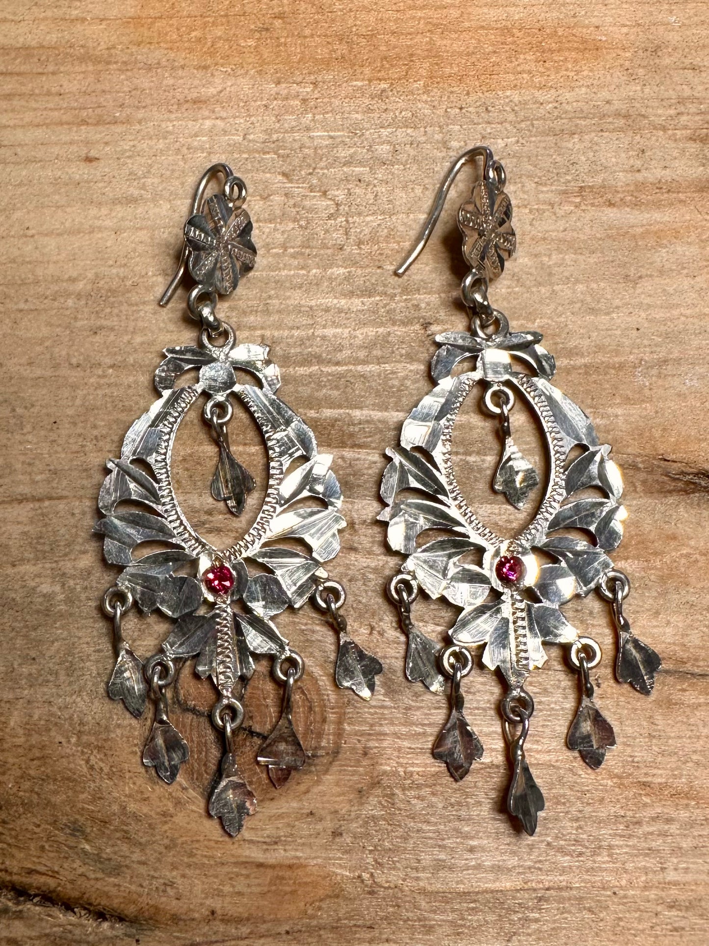 Vintage Large Ornate Red Stone 925 Silver Earrings