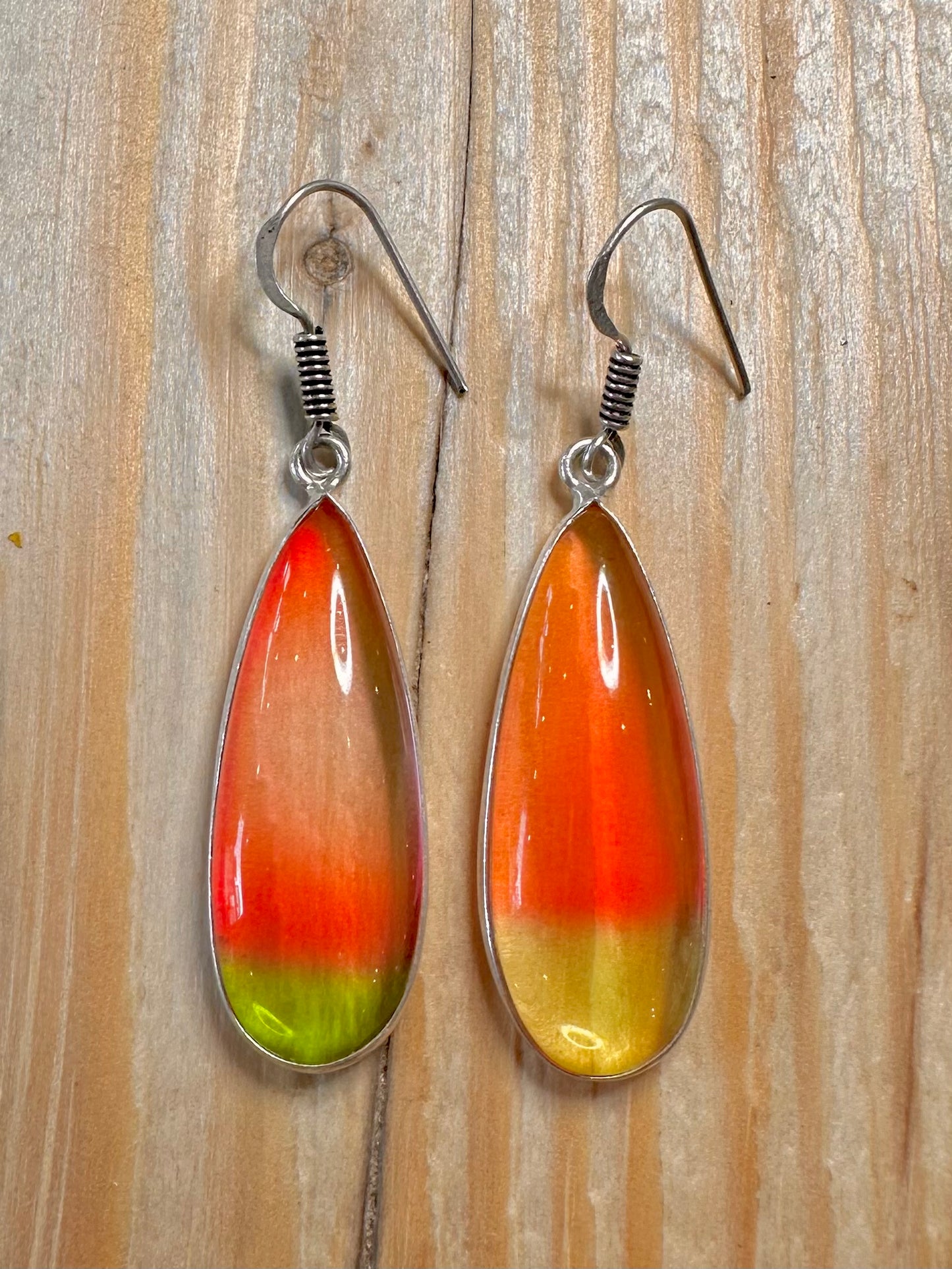 Abstract Red and Yellow Elongated 925 Silver Earrings