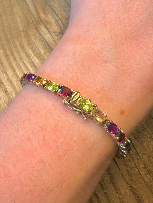 Multi Gemstone Oval Cut Gold on 925 Sterling Silver 7 inch Bracelet