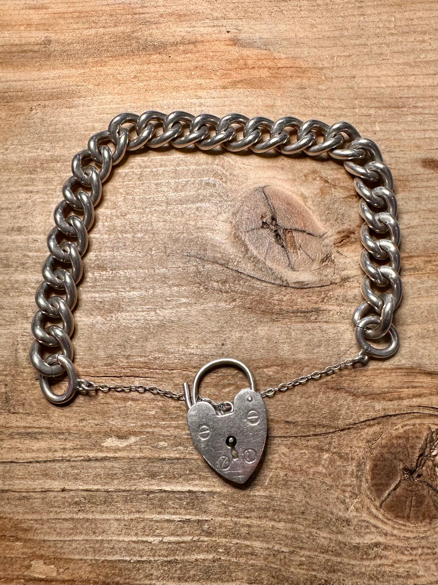 Vintage 1977 Chunky Curb Heart Padlock with Safety 925 Silver Bracelet