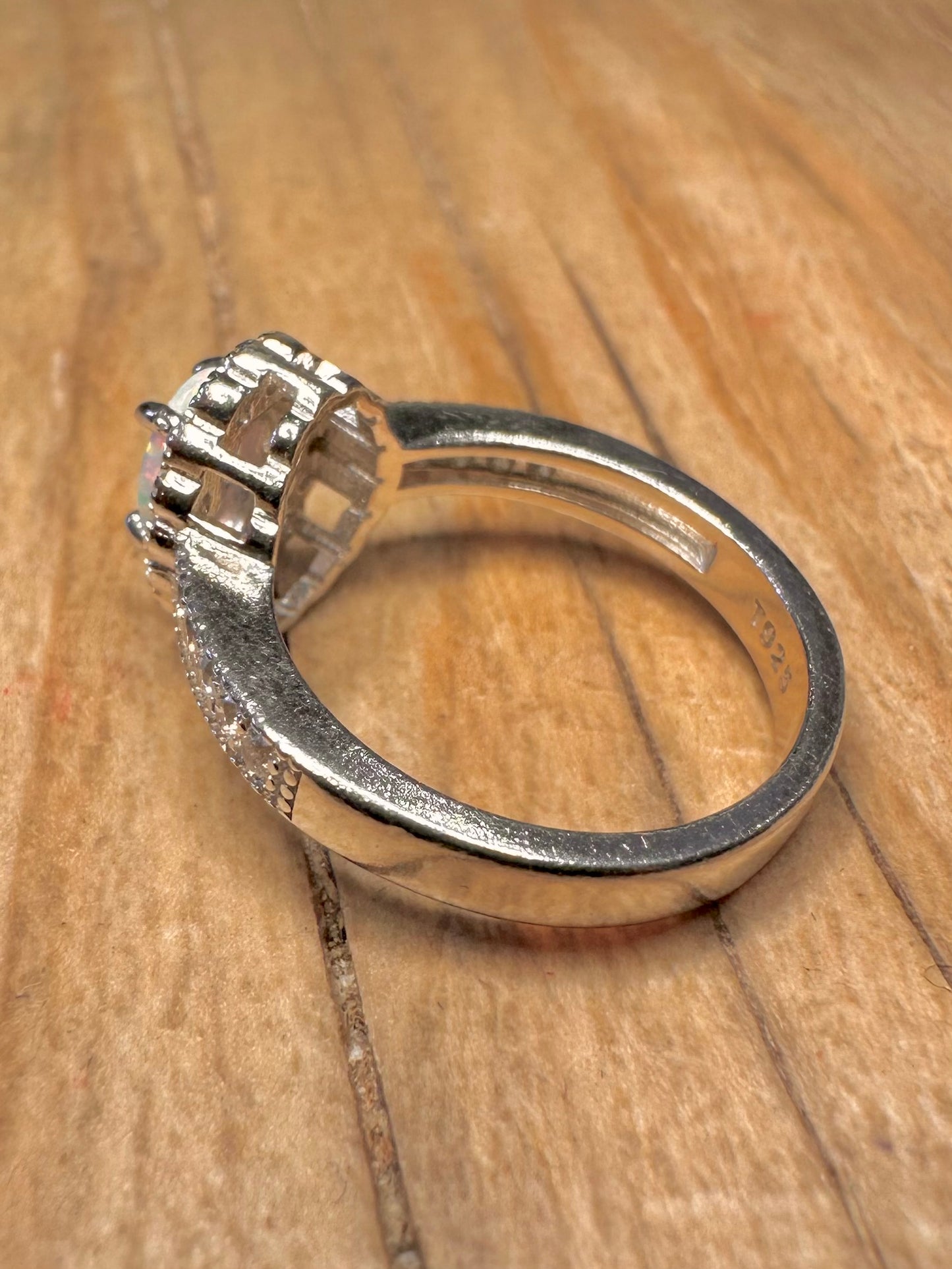 Modern Opal and White CZ 925 Sterling Silver Size J Ring