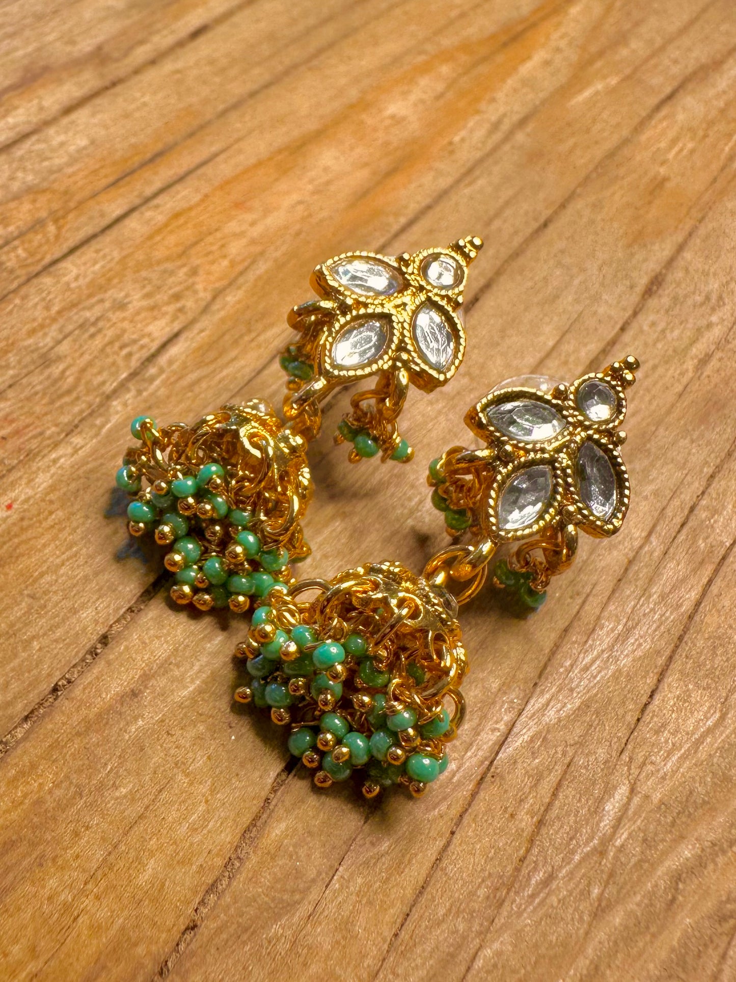 Vintage Indian Jhumka Blue Beads Gold Toned Costume Earrings