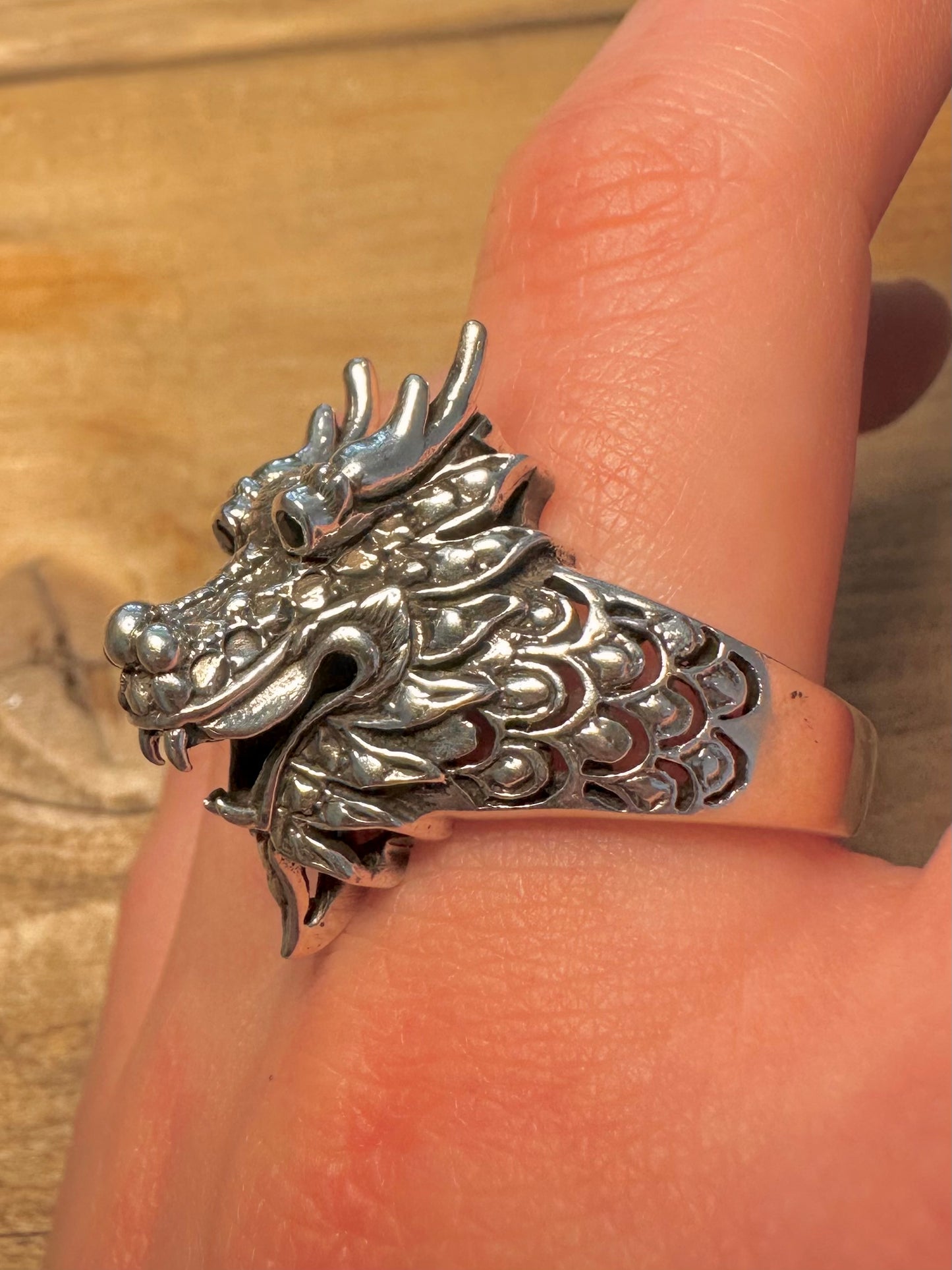 Vintage Dragon Head Black Stone Eye 925 Silver Size Y Ring