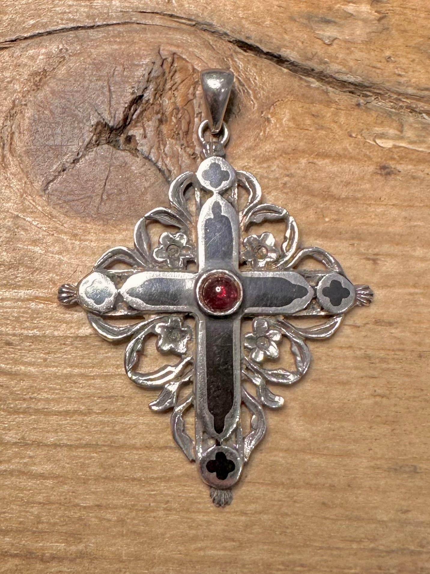Vintage Garnet Cross 925 Silver Pendant