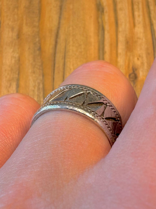 Wide Band Engraved Pattern 925 Sterling Silver Size Q1/2 Ring