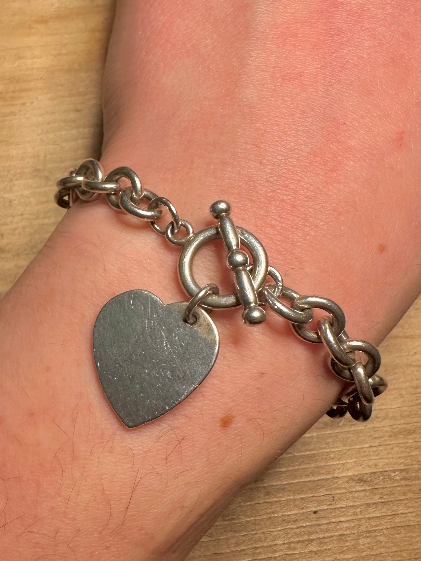 Vintage Belcher Chain Heart Pendant T Bar Clasp 925 Silver 8 inch Bracelet