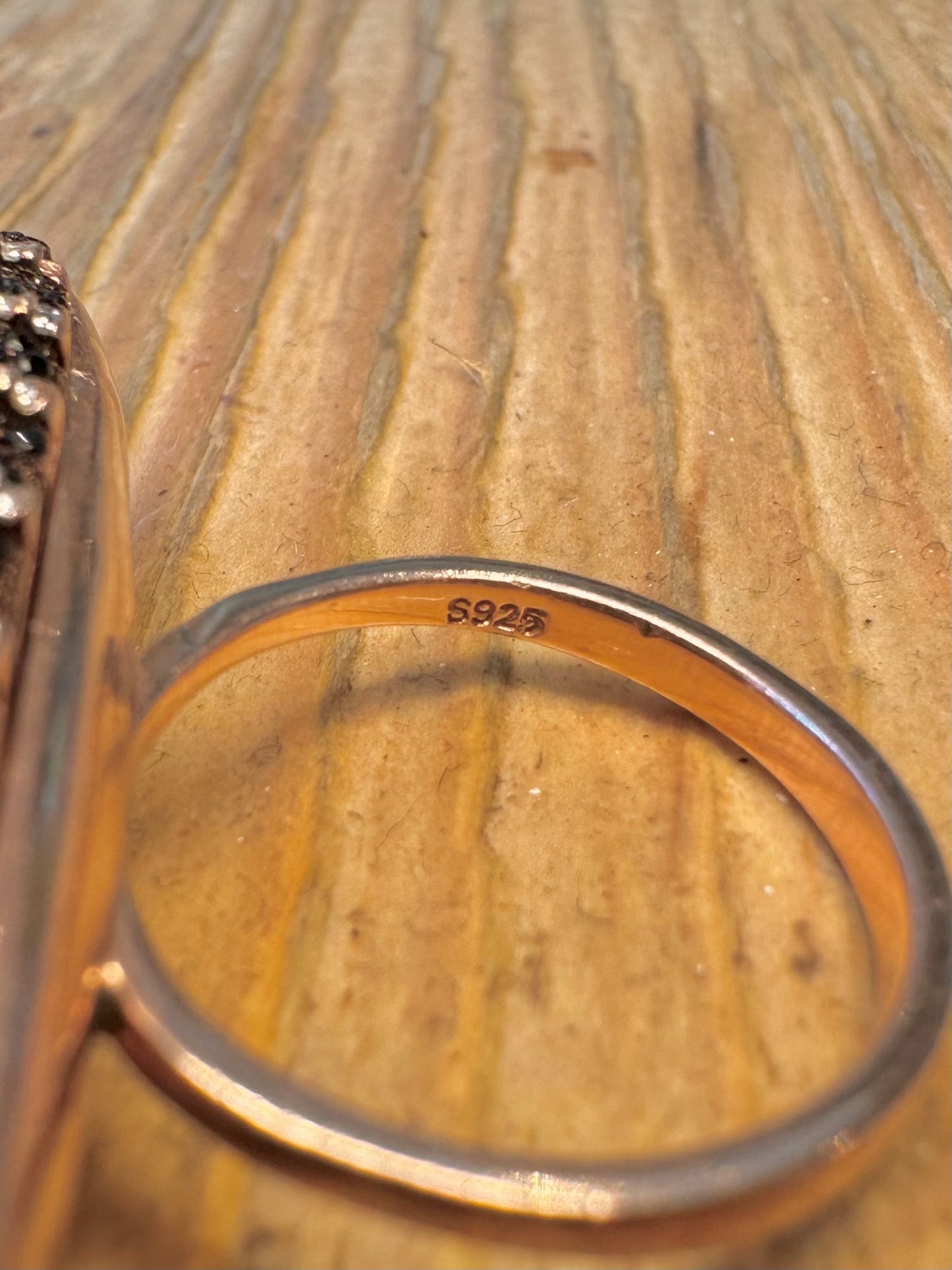Large Long Black Stones Pointed Rose Gold Colour on 925 Sterling Silver Size M1/2 Ring