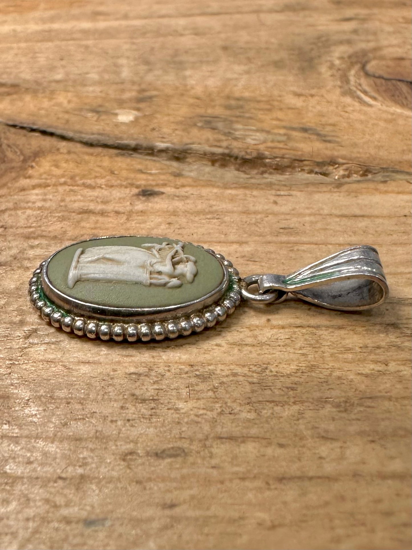 Vintage Green Cameo JW Maker 925 Silver Pendant