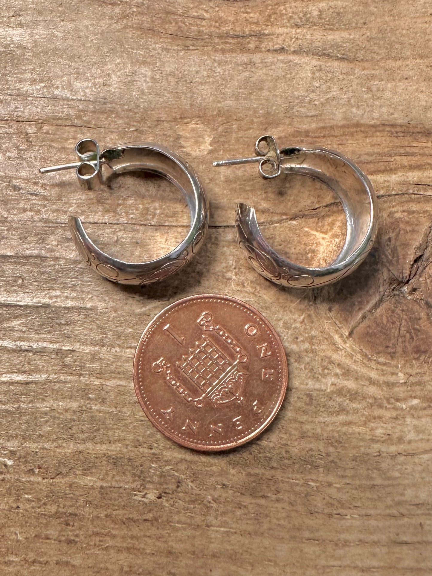 Vintage Engraved Chunky Hoops 925 Silver Earrings