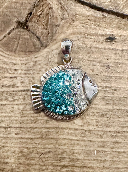Abstract Blue and White CZ Fish 925 Silver Pendant