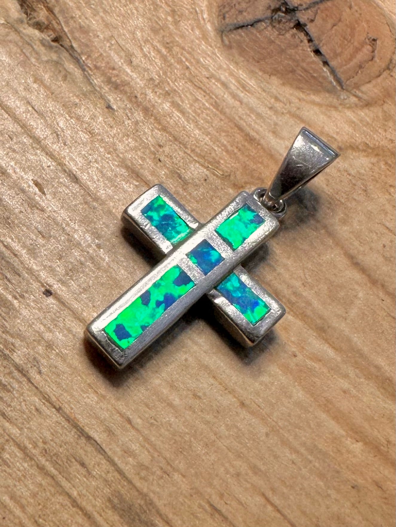 Modern Simulated Opal Cross 925 Silver Pendant