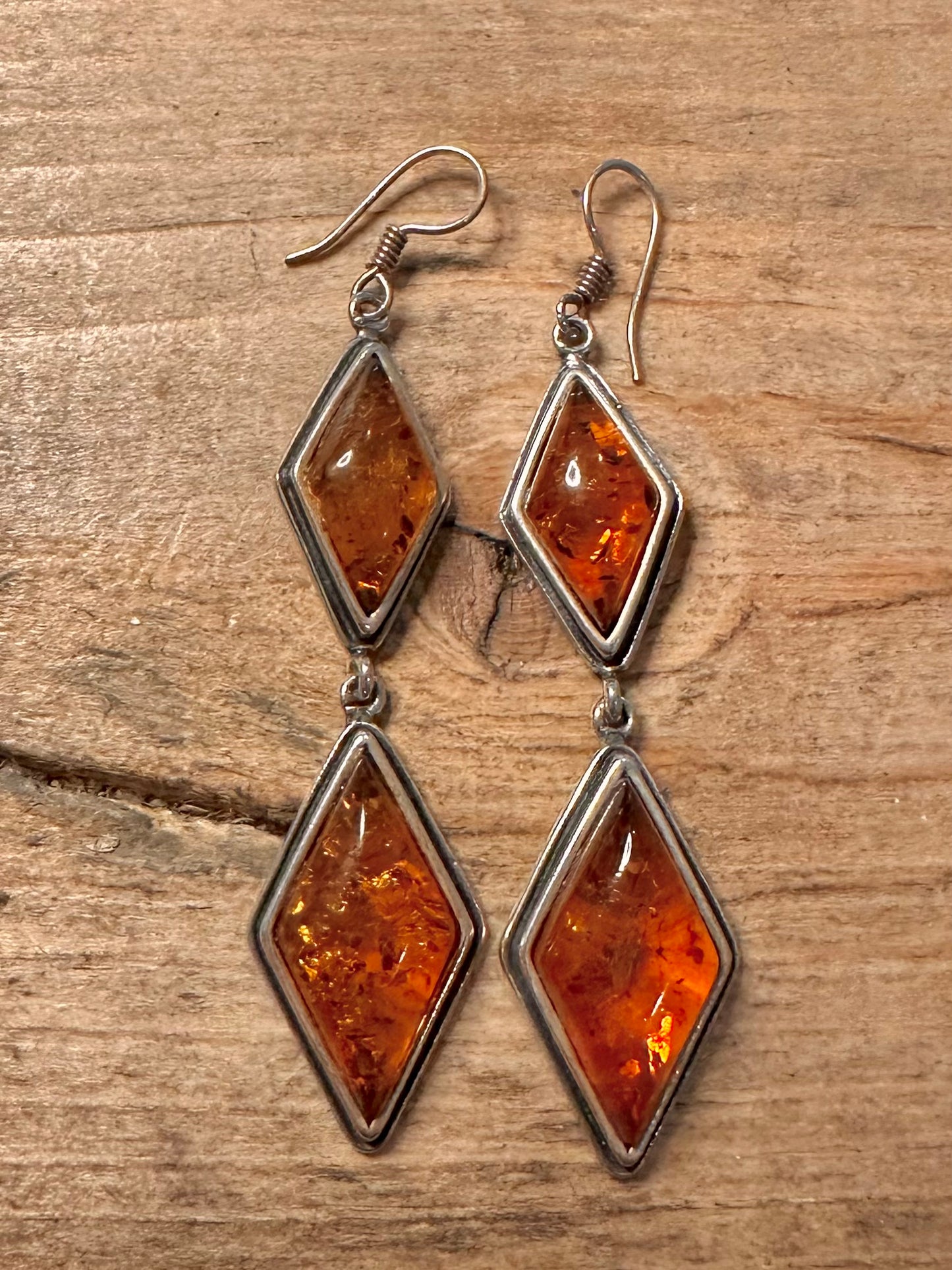 Vintage Amber Diamond Shaped Dangle 925 Silver Earrings