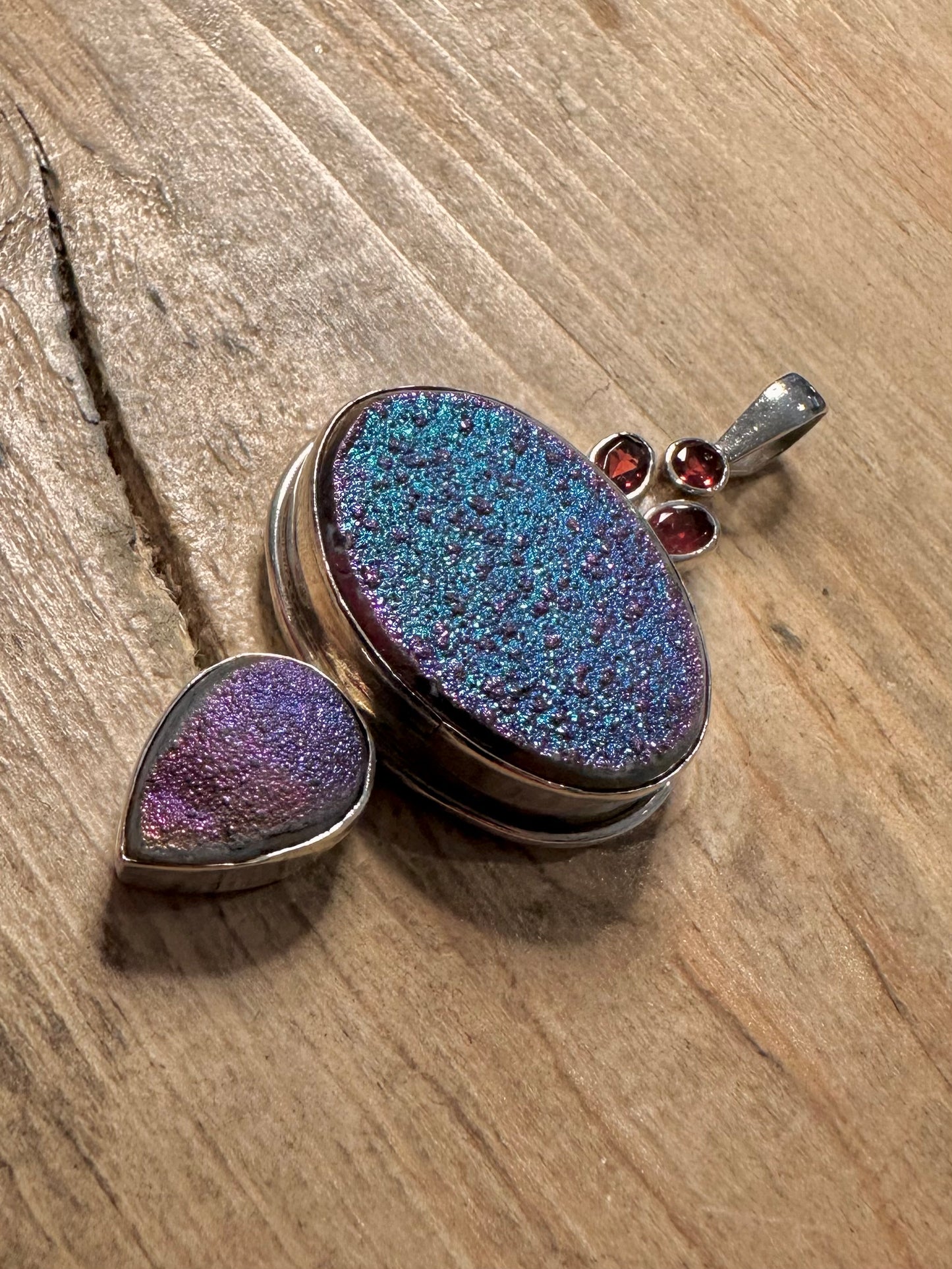 Vintage Druzy and Garnet 925 Silver Pendant