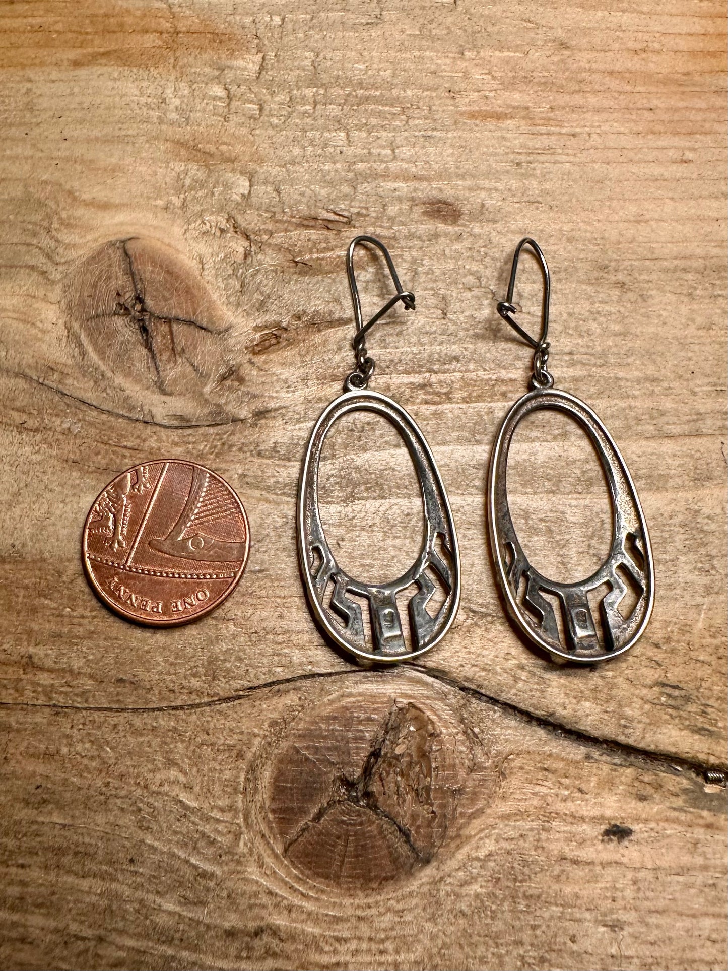 Vintage Greek Key Oval 925 Silver Earrings