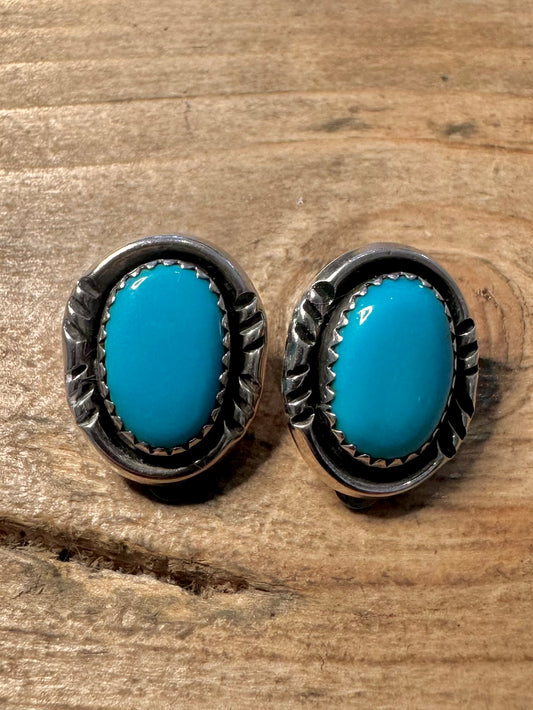 Vintage Native American RB Turquoise 925 Sterling Silver Clip on Earrings