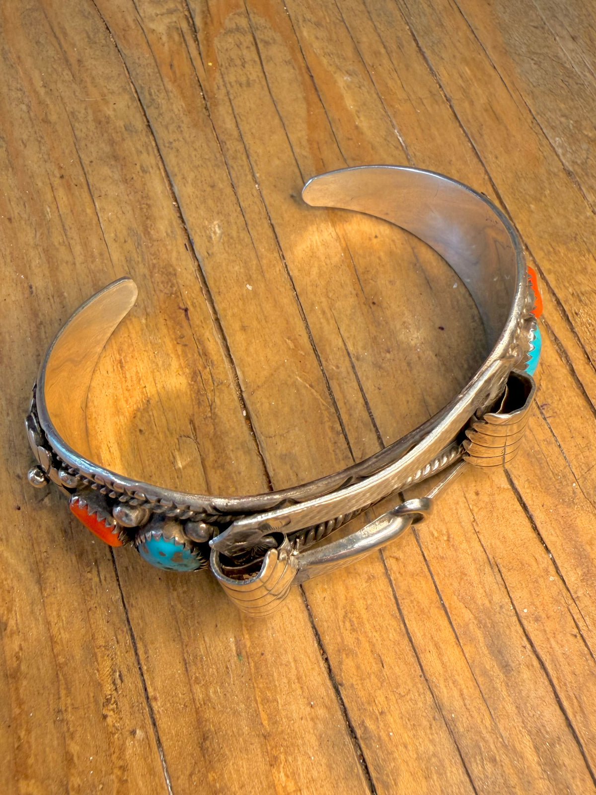 Native American Navajo Turquoise and Coral Watch Cuff Buckle Maker RB 925 Sterling Silver Bangle