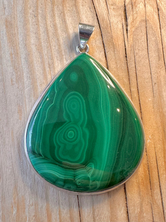 Vintage Large Malachite Triangle 925 Silver Pendant