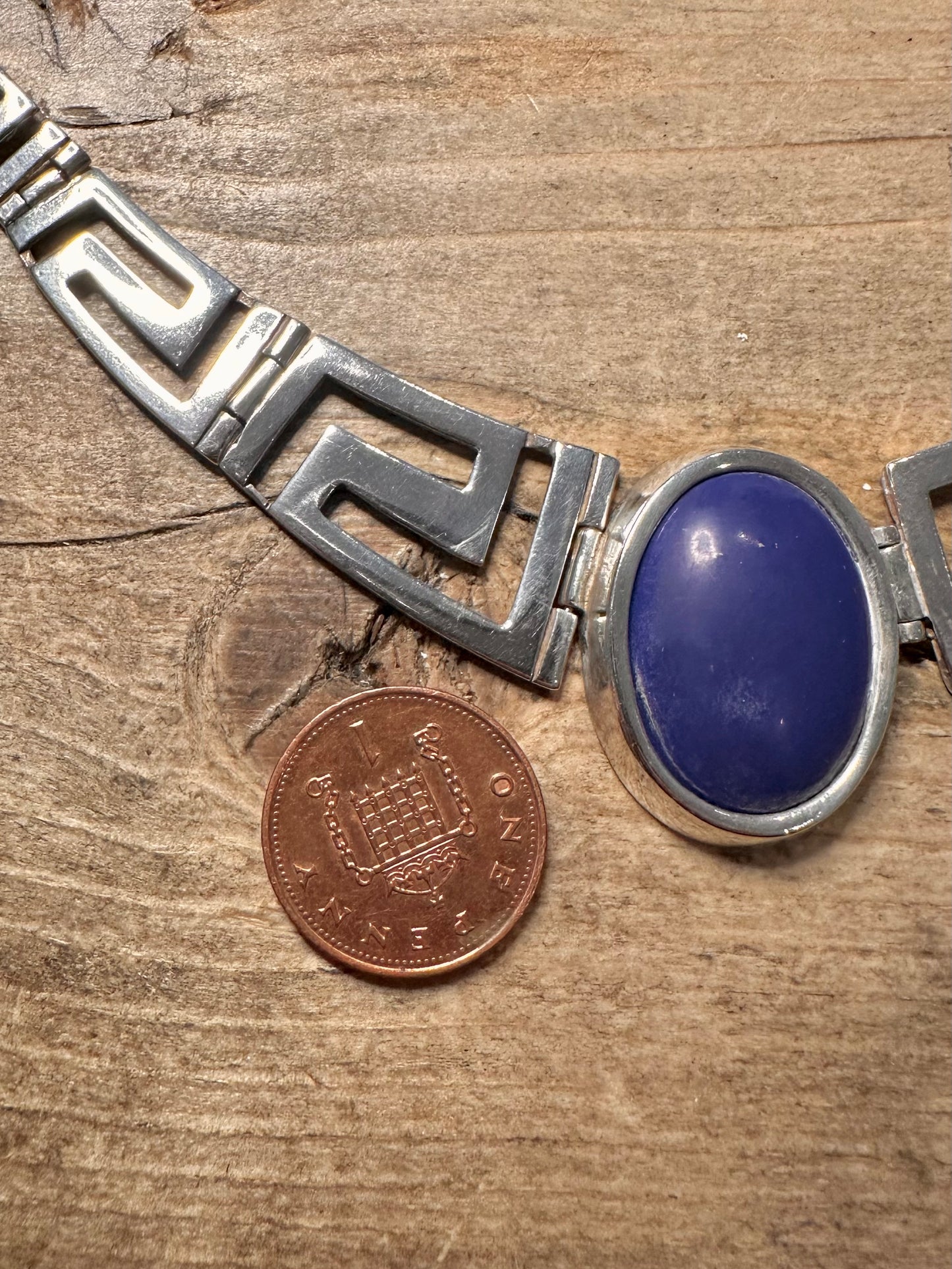 Vintage Lapis Greek Key Style Chain 925 Silver 17 inch Necklace