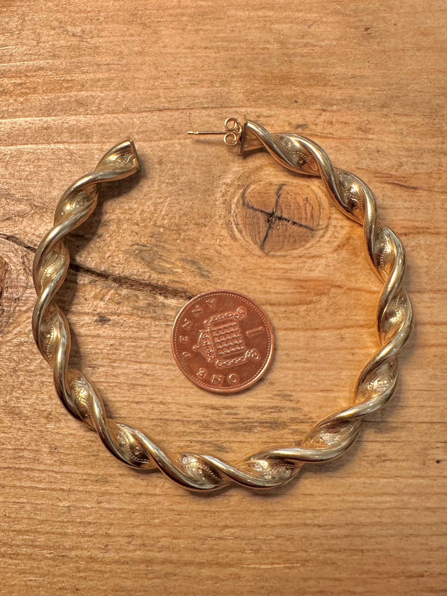 Vintage Chunky Textured Twisted Gold on 925 Silver Hoop Earrings