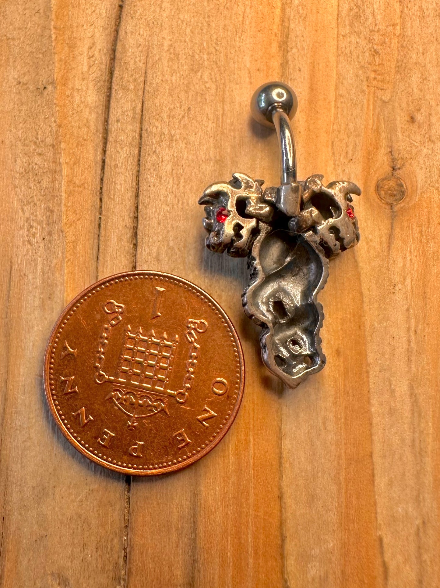 Vintage Two Headed Dragon Red Eye 925 Sterling Silver Belly Bar Body Jewellery