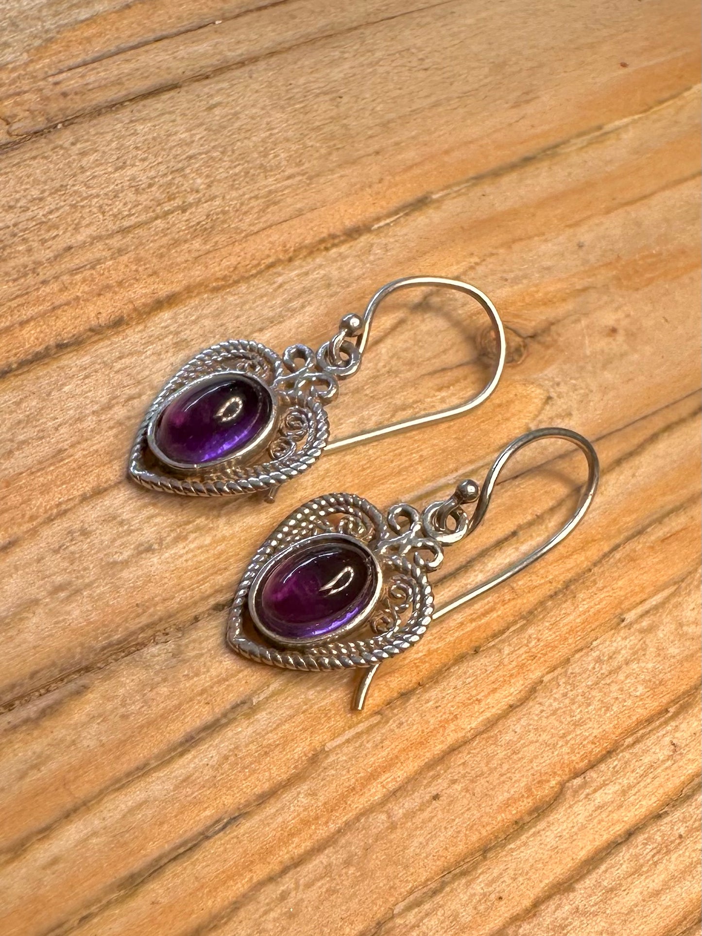 Vintage Amethyst Filigree 925 Sterling Silver Earrings