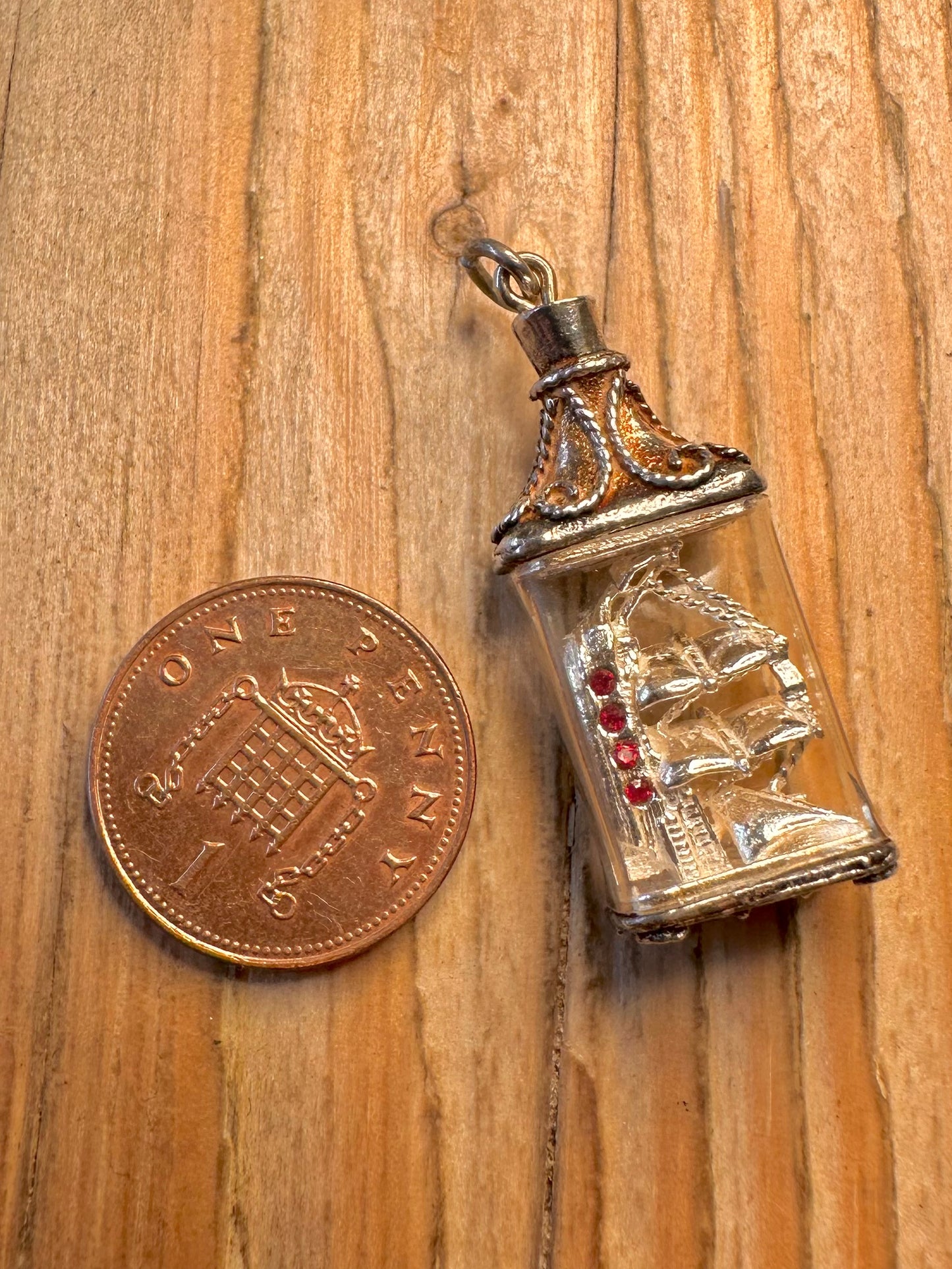 Vintage Nuvo Ship in Bottle Red Stone 925 Sterling Silver Charm Pendant