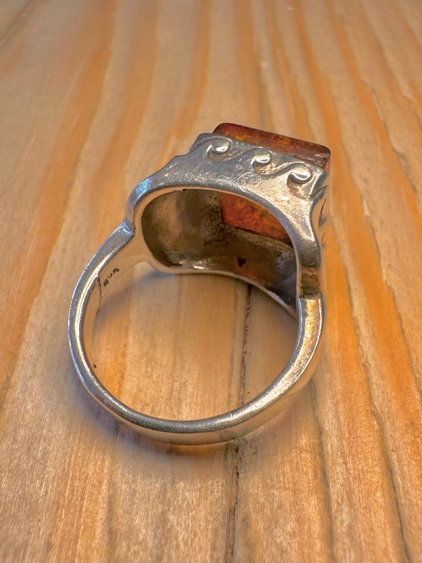 Vintage Amber Square Wavy Design 925 Sterling Silver Size L1/2 Ring