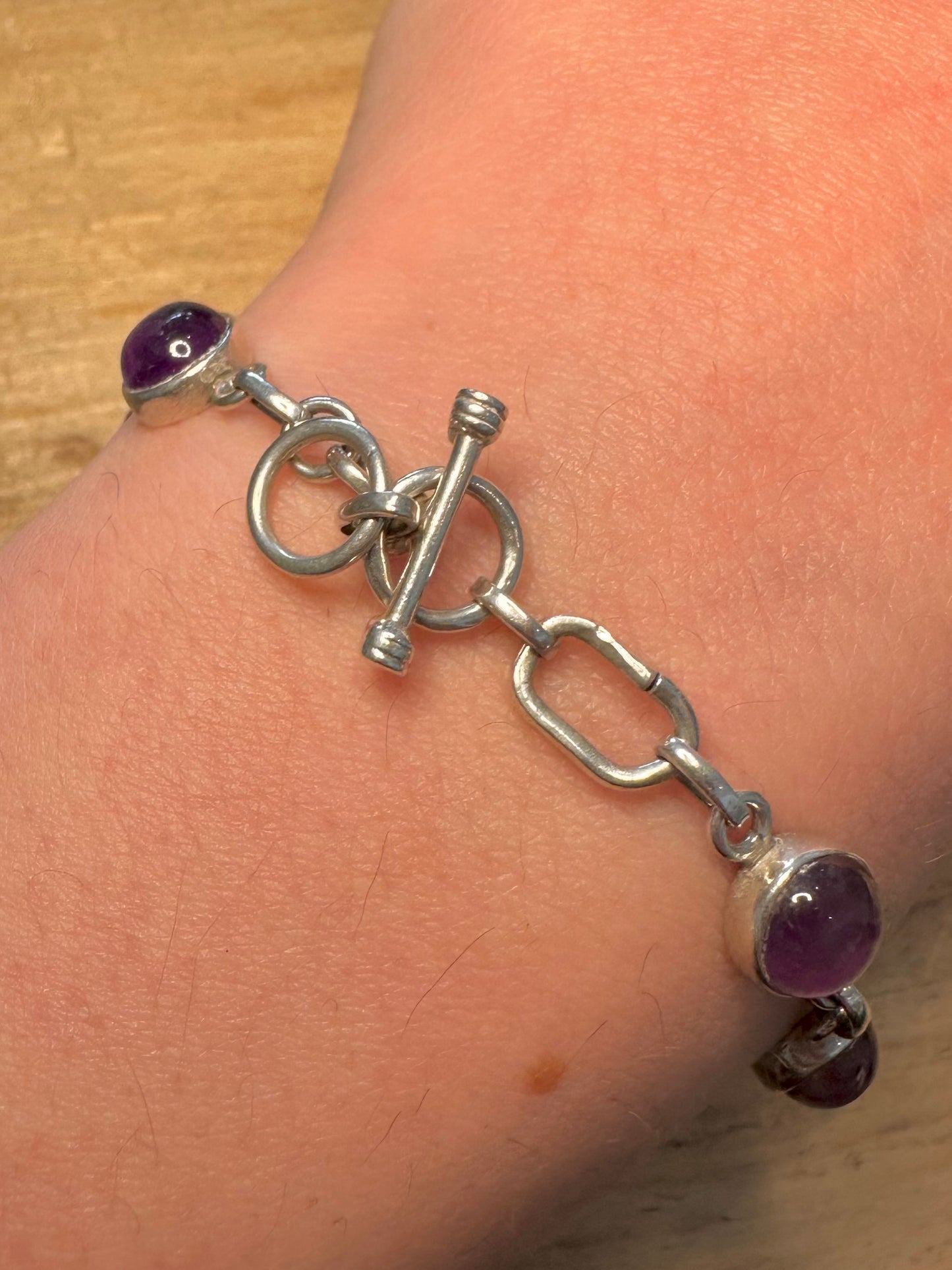 Vintage Amethyst Circle Link T Bar Clasp 925 Silver 7 to 8 inch Bracelet