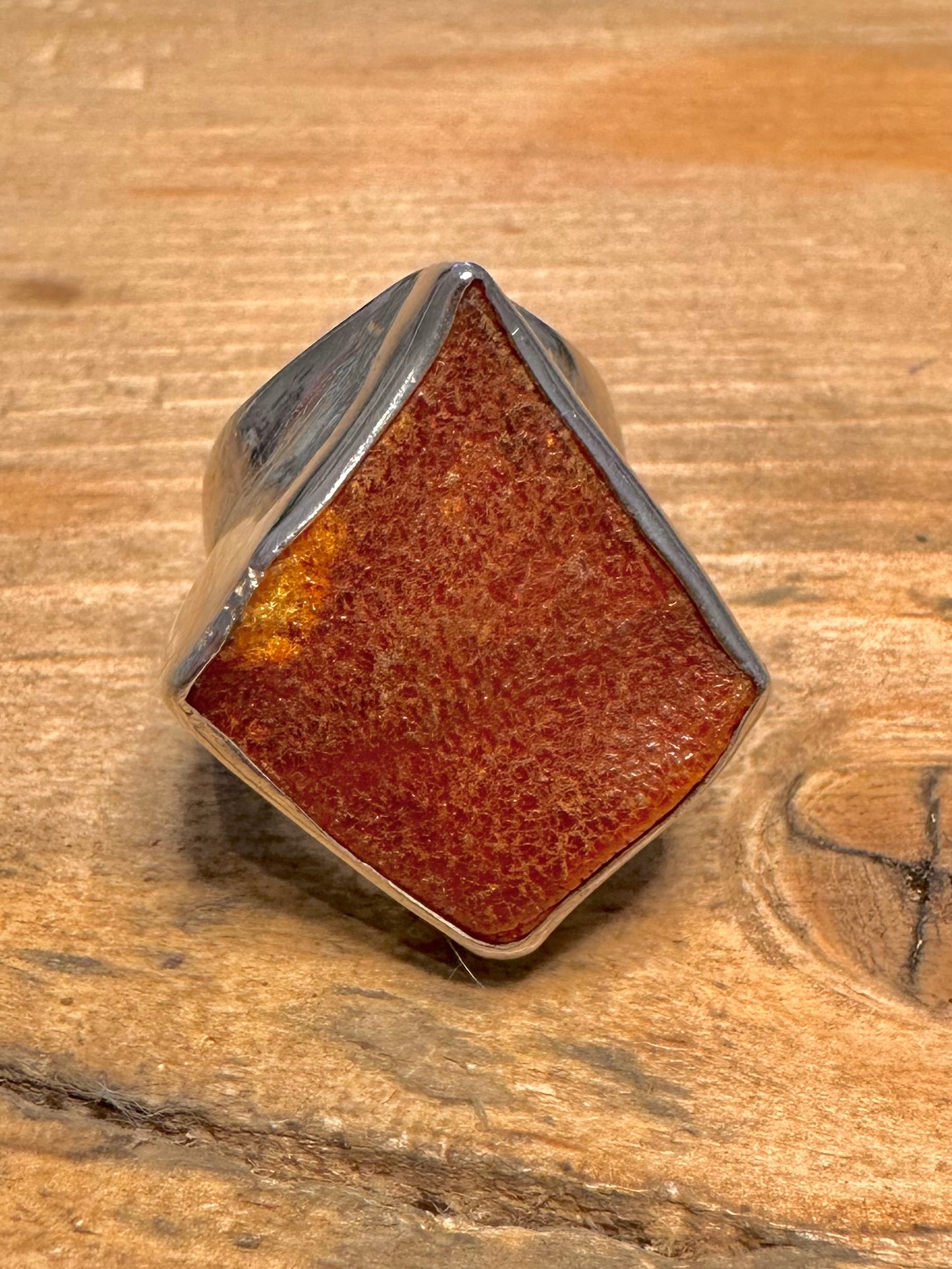 Modern 2004 Chunky Raw Amber 925 Silver Hallmarked Size P Ring