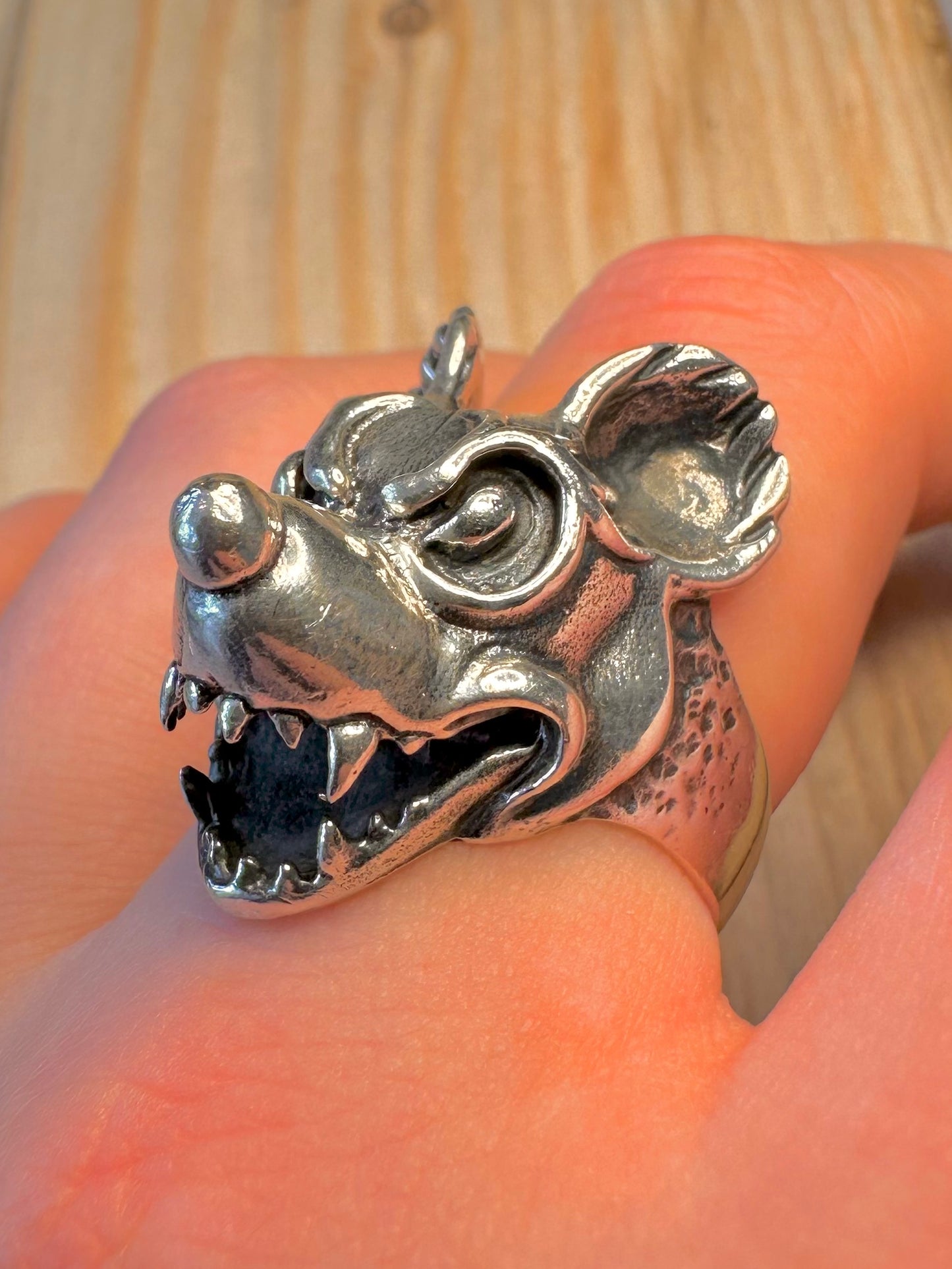 Vintage Scary Mouse Head 925 Sterling Silver Size S1/2 Ring