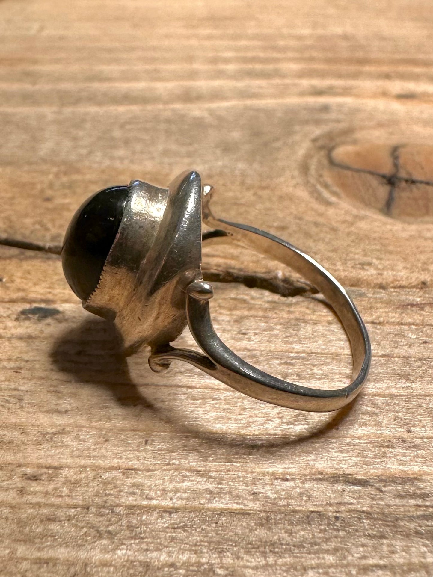 Vintage 1970 Black Oval Stone 925 Silver Size M Ring