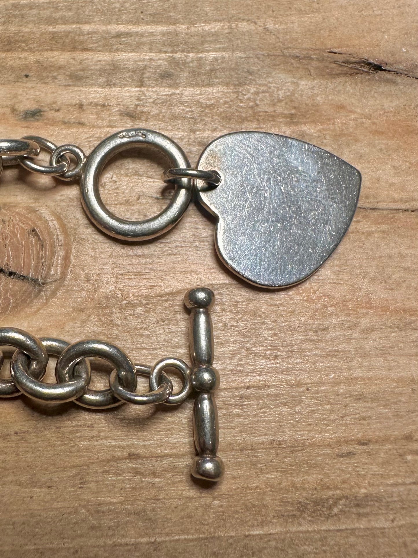Vintage Belcher Chain Heart Pendant T Bar Clasp 925 Silver 8 inch Bracelet