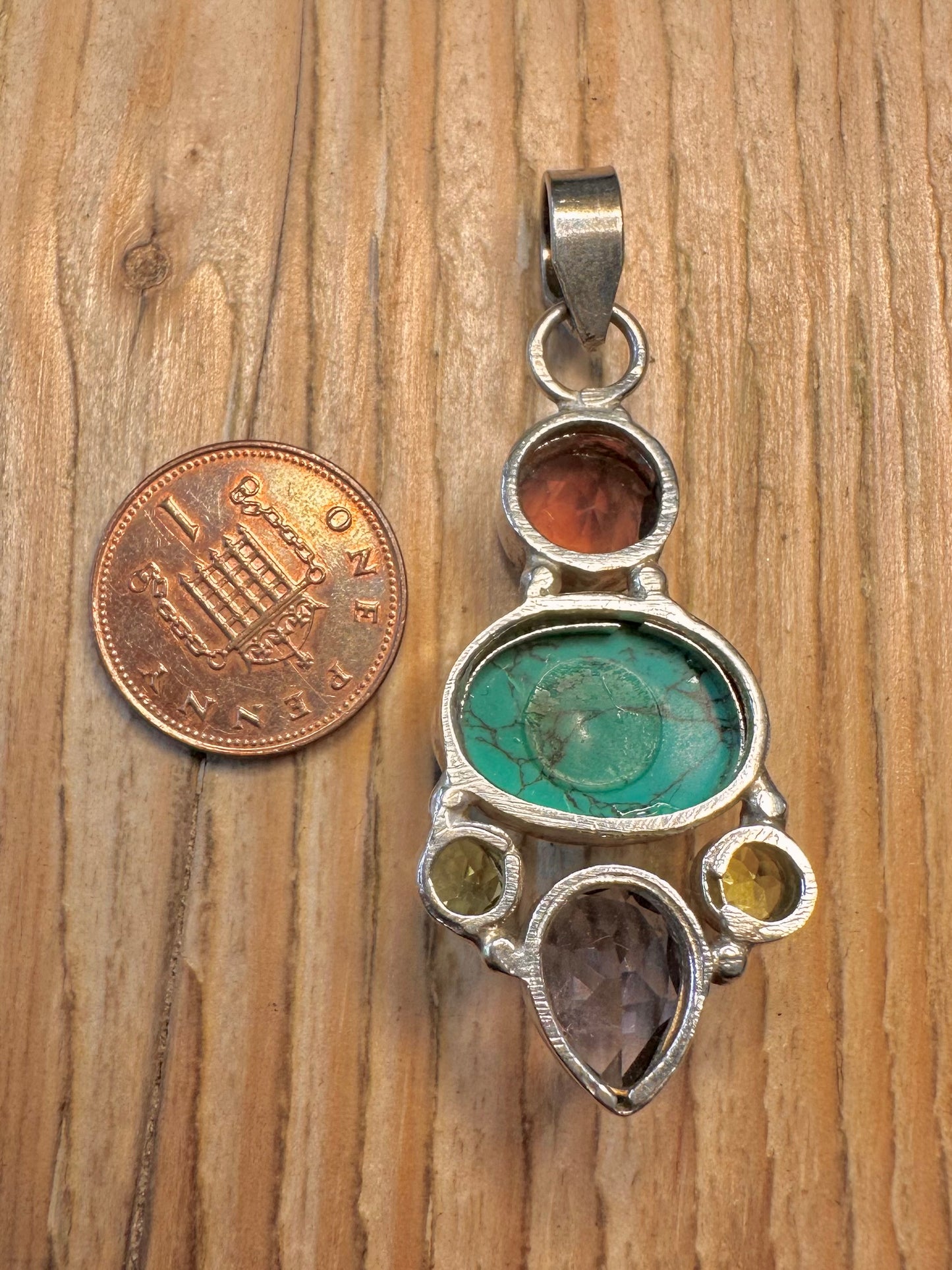 Vintage Gemstones and Turquoise 925 Sterling Silver Pendant