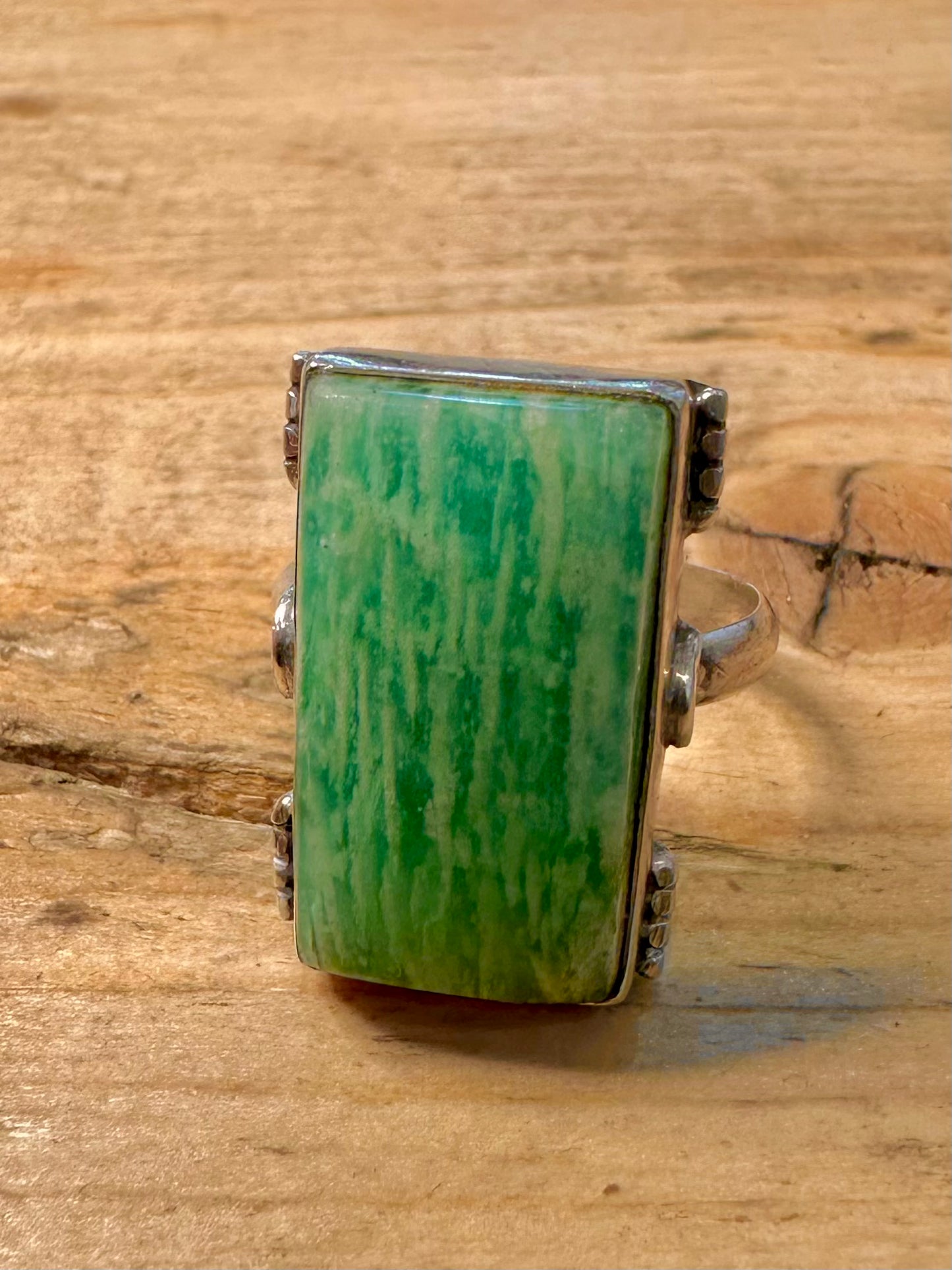 Vintage Green Rectangular 925 Silver Size Q Ring